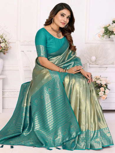 Bewitching Sea Green Zari Weaving Banarasi Silk Event Wear Saree